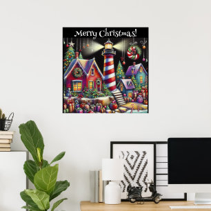 Whimsical Christmas Lighthouse Personalized Poster