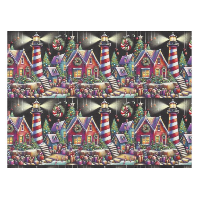 Whimsical Christmas Lighthouse Personalized Tablecloth (Front (Horizontal))