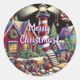 Whimsical Christmas Lighthouse Red Pink Purple  Classic Round Sticker