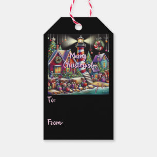 Whimsical Christmas Lighthouse Red Pink Purple  Gift Tags