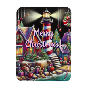 Whimsical Christmas Lighthouse Red Pink Purple Magnet