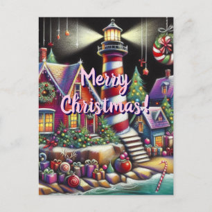 Whimsical Christmas Lighthouse Red Pink Purple  Postcard
