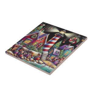 Whimsical Christmas Lighthouse Red Pink Purple Tile