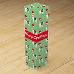 Whimsical Christmas Llamas with Text Band Wine Box<br><div class="desc">Whimsical modern hand illustrated llamas with santa hats and wreaths on green background.  Customizable red band with white text.</div>