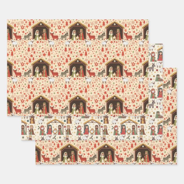 Whimsical Christmas Manger Scenes Wrapping Paper Sheet (Set)