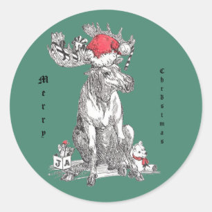 Whimsical Christmas Moose Wildlife Classic Round Sticker