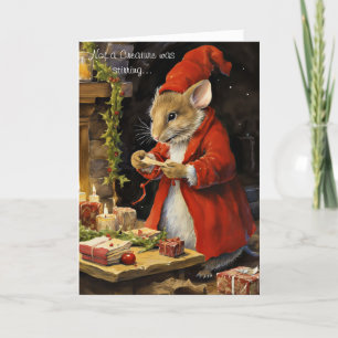 Whimsical Christmas Mouse with Script Holiday Card