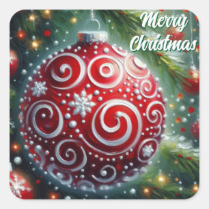 Whimsical Christmas Ornament Red White Swirls Square Sticker