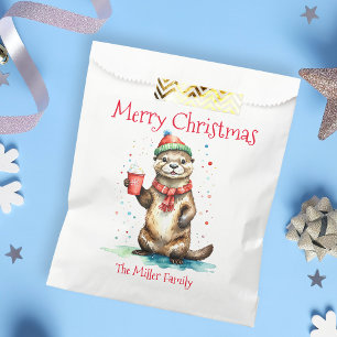 Whimsical Christmas Otter with Festive Hat Favour Bag