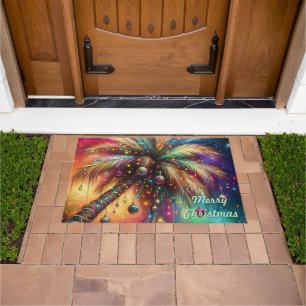 Whimsical Christmas Palm Tree Tropical Beach Vivid Doormat