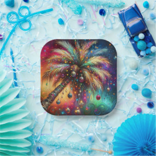 Whimsical Christmas Palm Tree Tropical Beach Vivid Paper Plate