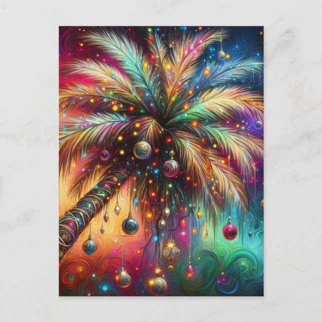 Whimsical Christmas Palm Tree Tropical Beach Vivid Postcard (Front)