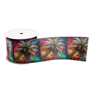Whimsical Christmas Palm Tree Tropical Beach Vivid Satin Ribbon