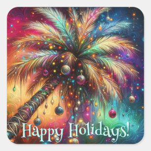 Whimsical Christmas Palm Tree Tropical Beach Vivid Square Sticker
