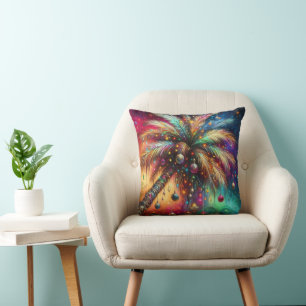 Whimsical Christmas Palm Tree Tropical Beach Vivid Throw Pillow