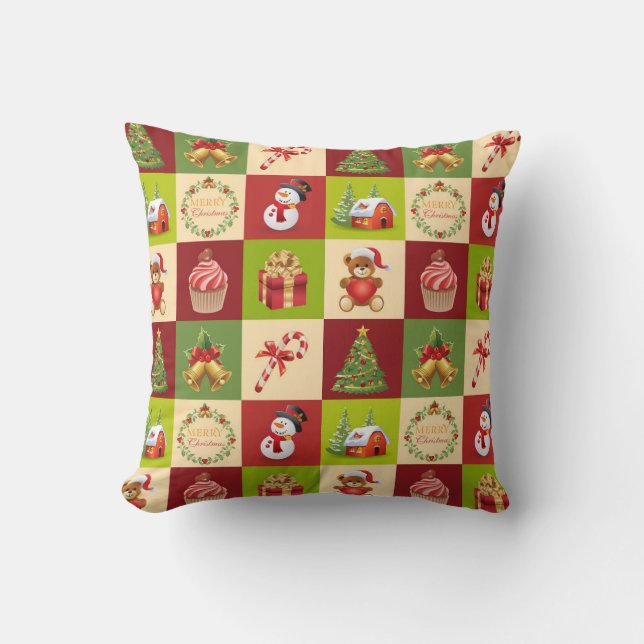 Whimsical Christmas Patchwork Throw Pillow (Front)