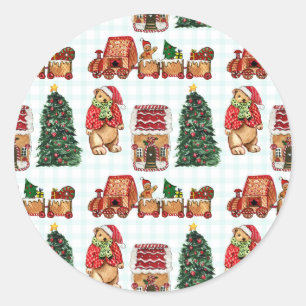 Whimsical christmas pattern with bears, trees, and classic round sticker