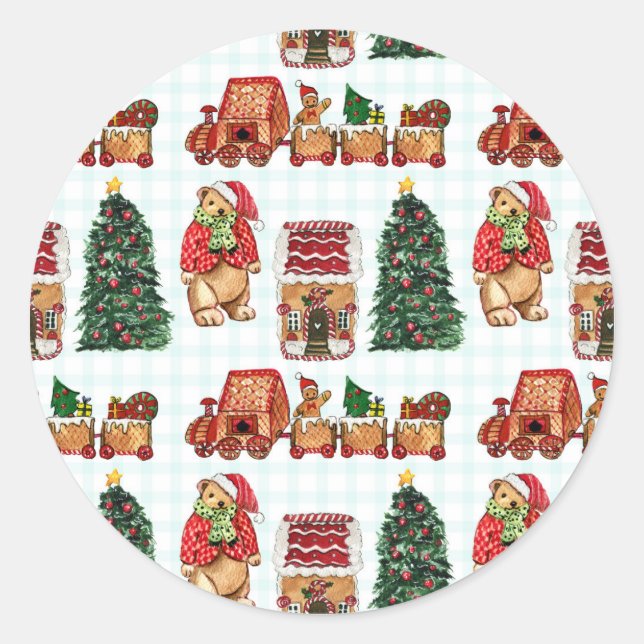 Whimsical christmas pattern with bears, trees, and classic round sticker (Front)