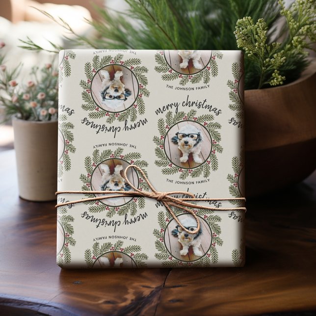 Whimsical Christmas Photo - Calligraphy - Branches Wrapping Paper (Personalized Photo Wrapping Paper)