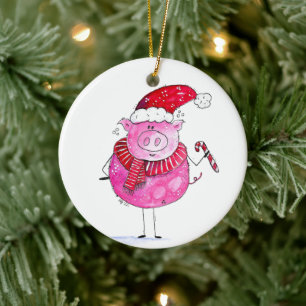 Whimsical Christmas Pig Ceramic Ornament