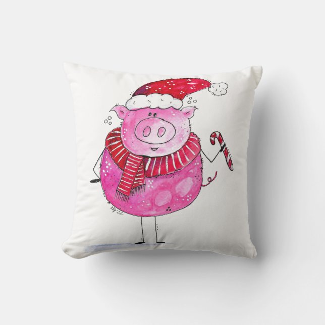 Whimsical Christmas Pig Throw Pillow (Front)