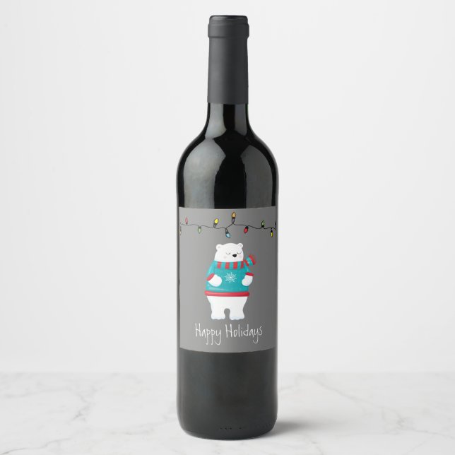 Whimsical Christmas Polar Bear Holiday Wine Label (Front)
