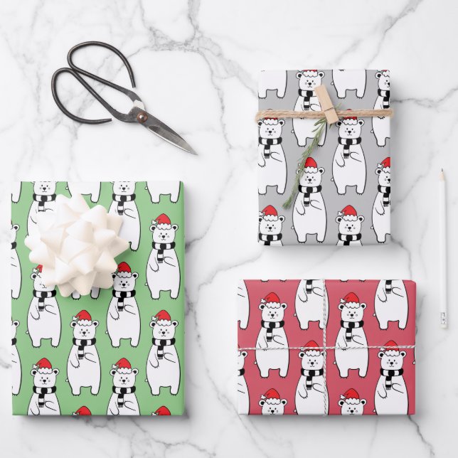 Whimsical Christmas Polar Bears Wrapping Paper Sheet (Front)