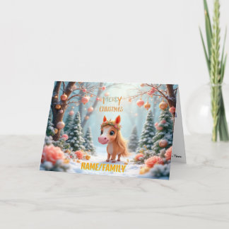 Whimsical Christmas Pony in Snowy Forest Holiday Card