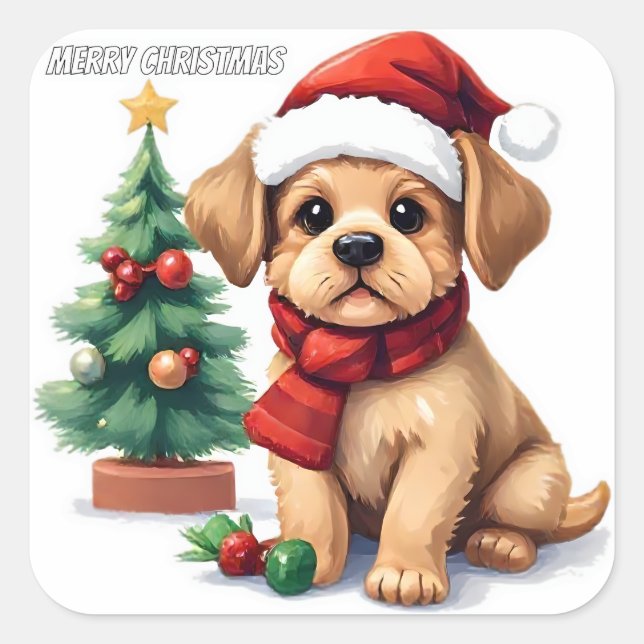 Whimsical Christmas Puppy Sticker | "Merry Christm (Devant)