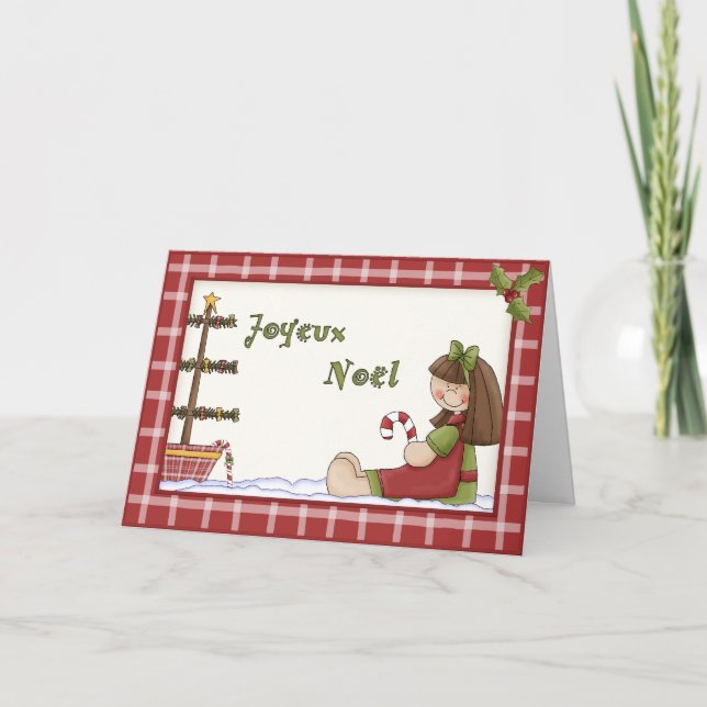 Whimsical Christmas Rag Doll in French Language Holiday Card (Front)