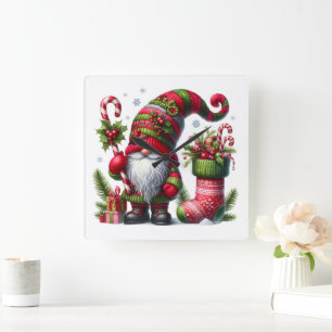 Whimsical Christmas Red Green Gnome Custom Square Wall Clock