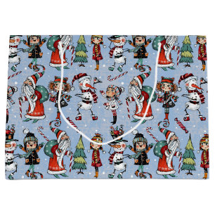 Whimsical Christmas Santa and Festive Girls Large Gift Bag