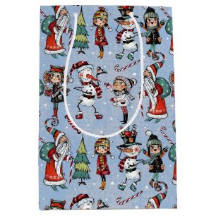 Whimsical Christmas Santa and Festive Girls Medium Gift Bag