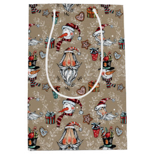 Whimsical Christmas Santa and Snowman Medium Gift Bag