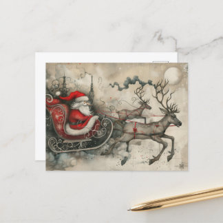 Whimsical Christmas Santa Claus and His Reindeer  Holiday Postcard