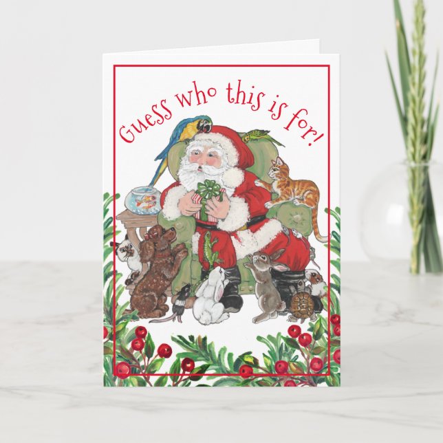 Whimsical Christmas Santa Pet Animal Dog Cat Bunny Holiday Card (Front)