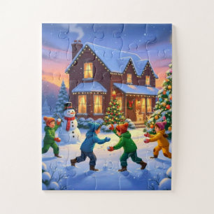 Whimsical Christmas Scene Snowball Fight Jigsaw Puzzle