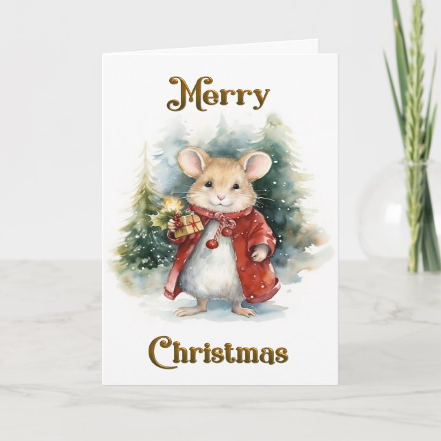 Whimsical Christmas Scene With Cute Mouse Card (Front)