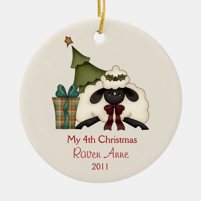 Whimsical Christmas Sheep Child's Photo | Ceramic Ornament (Front)