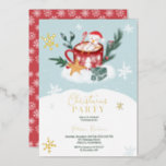 Whimsical Christmas snowman chocolate illustration<br><div class="desc">A modern, cute and whimsical Christmas party invitation illustration with a cute floating snowman in a hot cup of chocolate holding a red and white candy cane with a white and red Christmas trees and snow on the cup with a blue cute wrapped gift on a pile of snow with...</div>