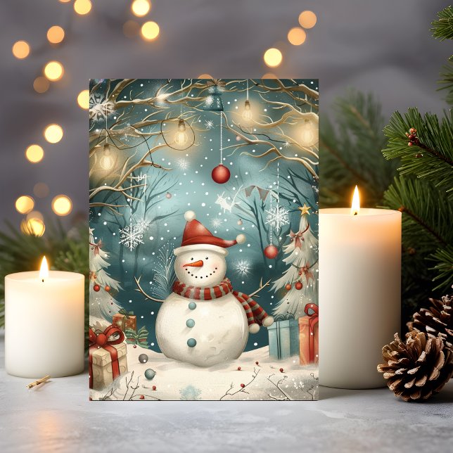 Whimsical Christmas Snowman in Winter Forest Card (A snowman celebration wrapped in cozy winter magic and vintage joy)