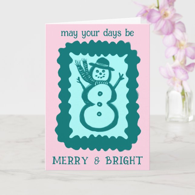 Whimsical Christmas Snowman Merry & Bright Holiday Card (Orchid)