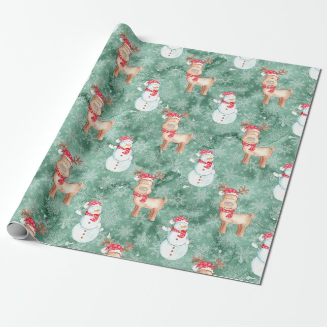 Whimsical Christmas Snowmen and Reindeer - Green Wrapping Paper (Unrolled)