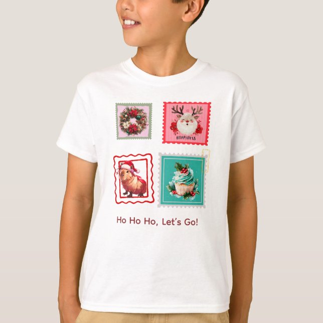 Whimsical Christmas Stamp Collage with Capybara T-Shirt (Front)