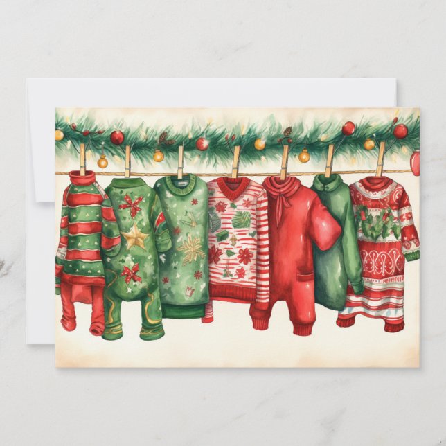 Whimsical Christmas Sweaters on a Line Holiday Card (Front)