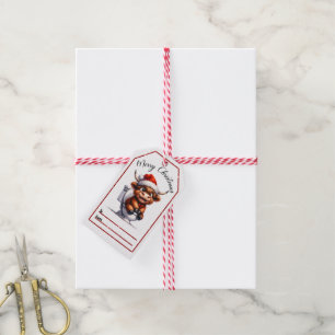 Whimsical Christmas tag with a cute Highland cow