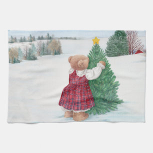 Whimsical Christmas Teddy Bear Winter Wonderland Kitchen Towel