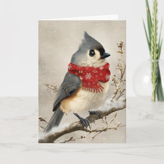 Whimsical Christmas Titmouse Holiday Card (Front)
