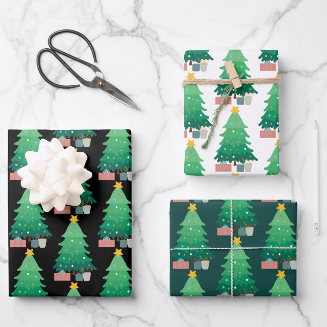 Whimsical Christmas Tree and Gifts Christmas Wrapping Paper Sheet (Front)