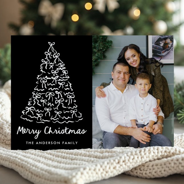 Whimsical Christmas Tree Bows Black Photo Holiday Card (Creator Uploaded)